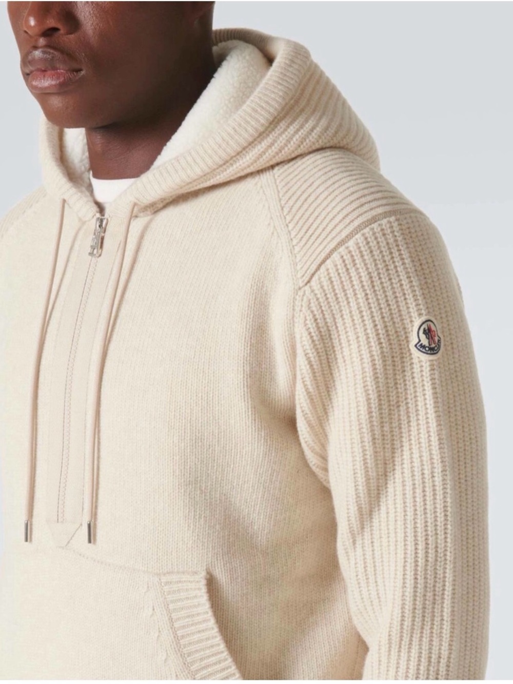 Moncler Men's Cream Zip-Up Hooded cashmere & wool Sweater